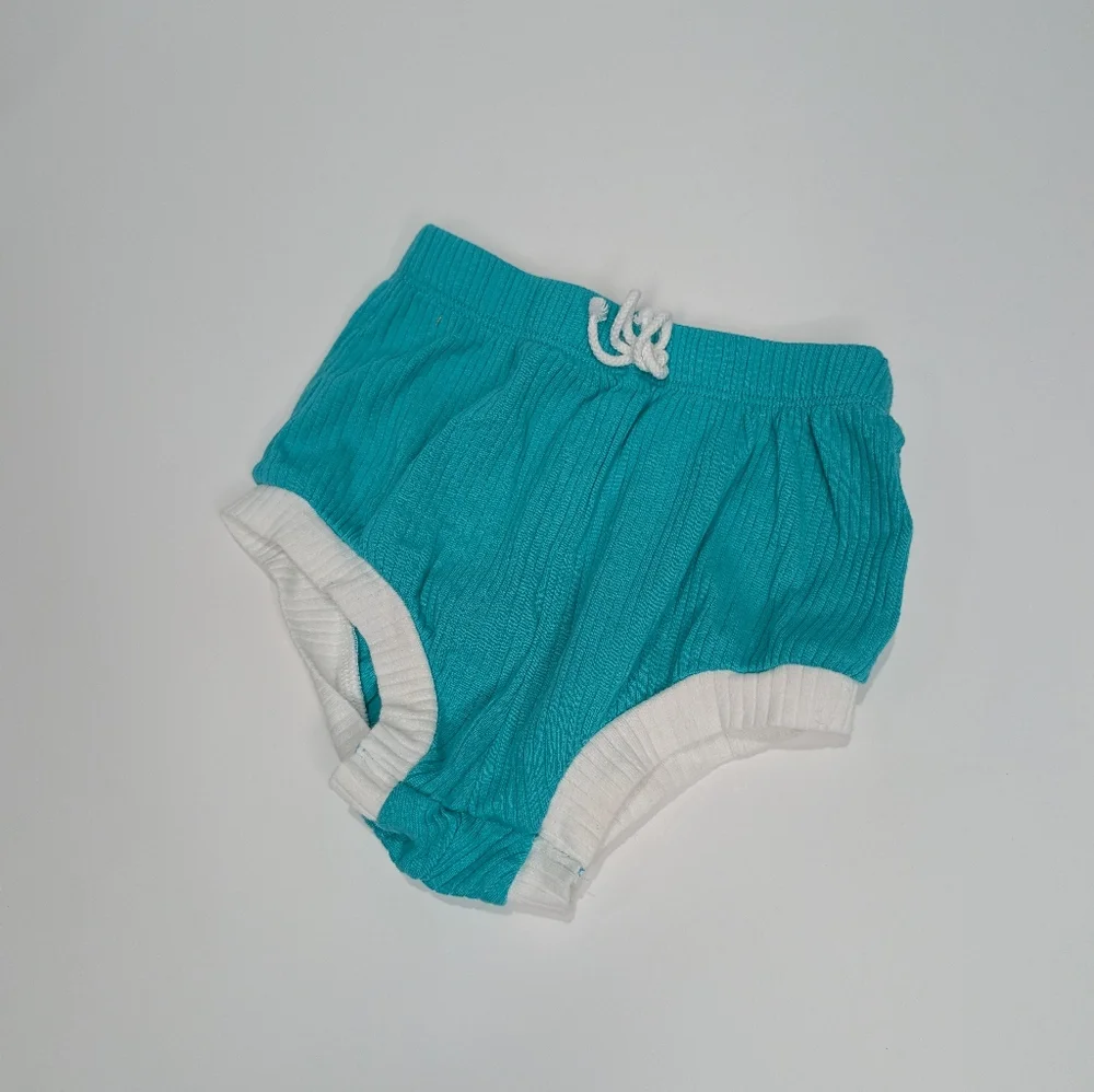 Cat & Jack Baby Summer Outfit Set | 12M | Teal Hot Pants, Striped Bodysuit & Bib